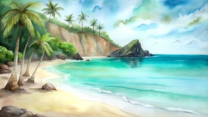 Naklejka premium Tropical beach landscape with serene atmosphere and calm waves, watercolor style