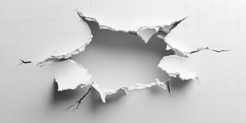 hole in white shiny plastic wall with cracks