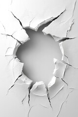 hole in white shiny plastic wall with cracks