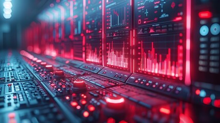 Futuristic Control Room, Multiple Monitors with Charts, Graphs, and Data Visualizations, 3D Render.