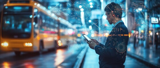 Man Using Smartphone with Digital Overlay in a City at Night