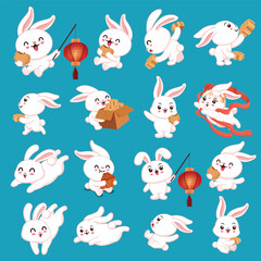 Vintage Mid Autumn Festival poster design with rabbit moon cake lantern  character. Translation: Happy Mid Autumn Festival, Fifteen of August.