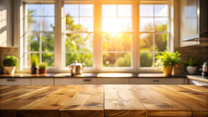 Empty wooden table in front of window. Ready for product display montage