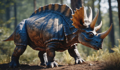 Fototapeta premium A triceratops dinosaur walks through a forest during the day