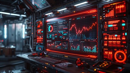 Futuristic Command Center with glowing screens, charts, and data visualization, Technology concept