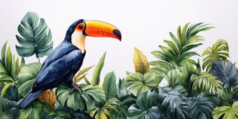 Fototapeta premium Watercolor Illustration of a Toucan Bird in Tropical Foliage