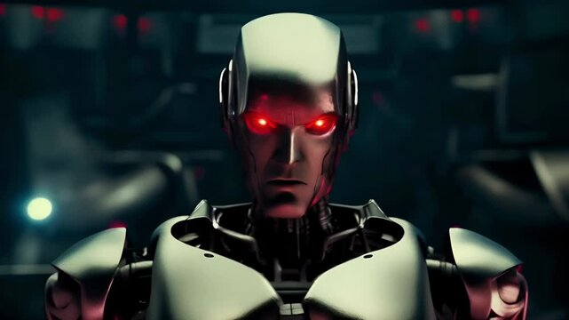 An evil humanoid robot with glowing red eyes, showing menace and hostility in a futuristic setting
