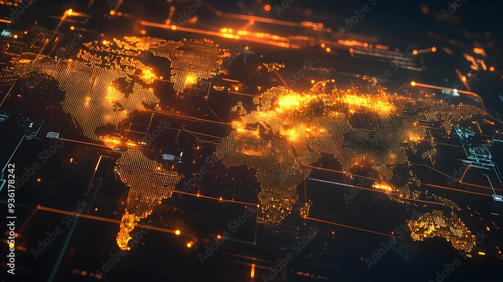 Poster 29. a digital world map with 3d network connections and animated data transfer