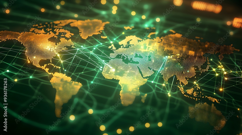 Poster 29. a digital world map with 3d network connections and animated data transfer