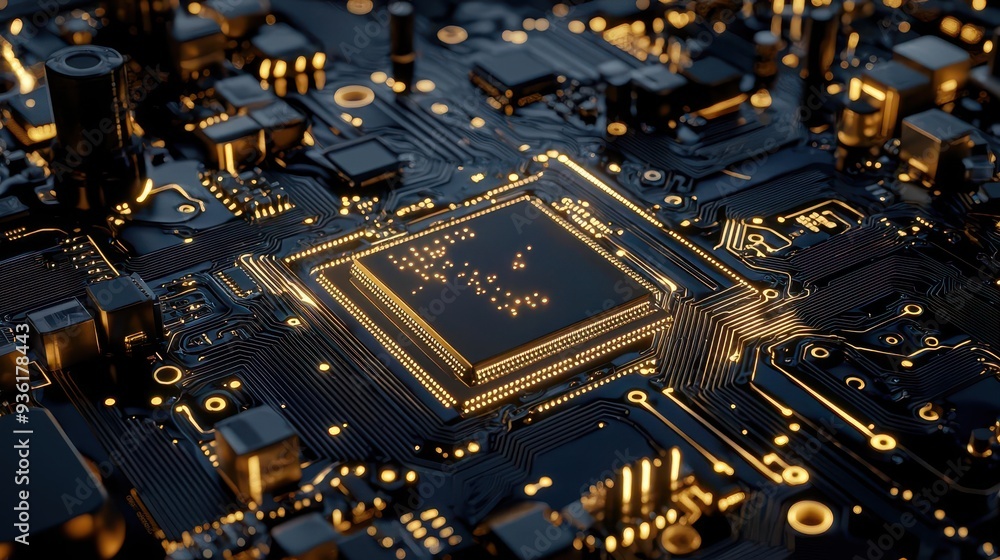 Poster close-up of a glowing cpu on a motherboard, symbolizing technology and processing power.