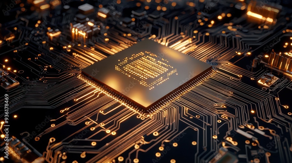 Poster closeup of a glowing cpu chip on a circuit board.