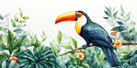 Watercolor Illustration of a Toucan in a Tropical Setting