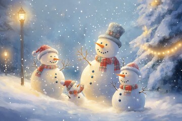 Fototapeta premium A painting of four snowmen with hats and scarves. Christmas background