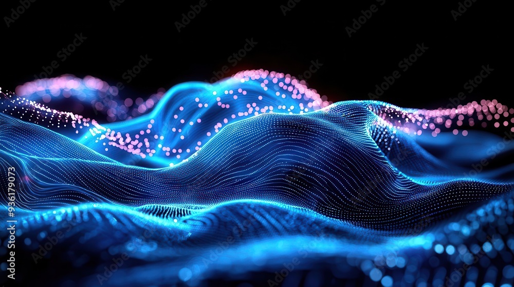 Poster abstract digital wave background with glowing particles and lines.