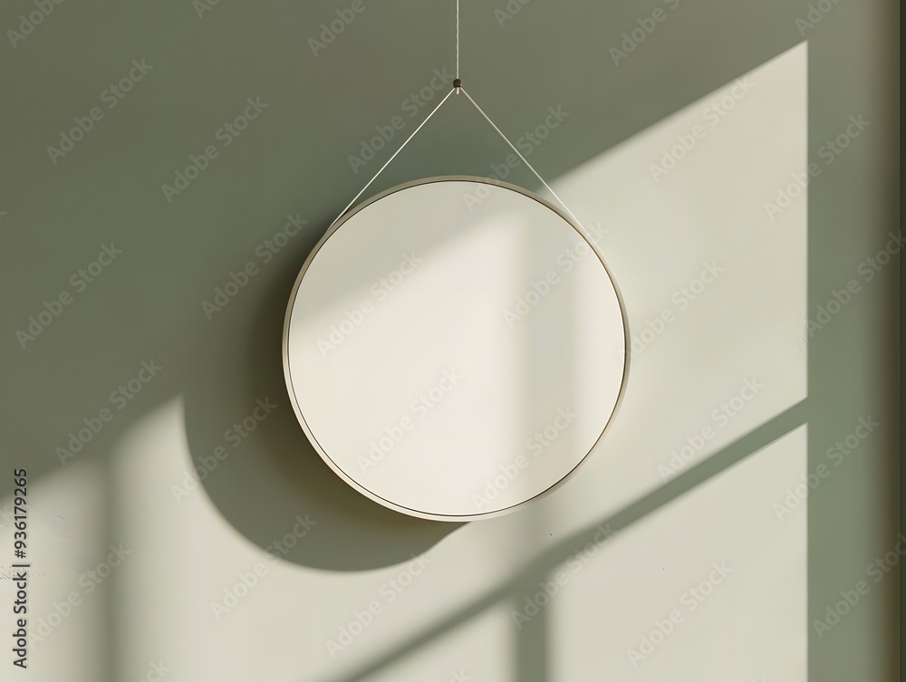 Poster a round mirror hanging from a string against a sage green wall with sunlight.