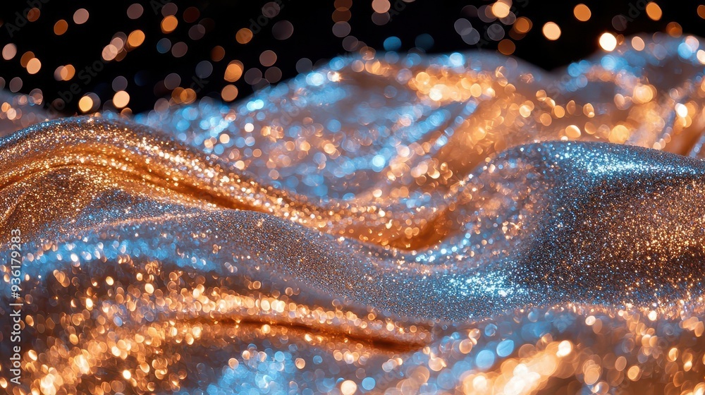 Poster sparkling golden fabric with bokeh lights in the background.