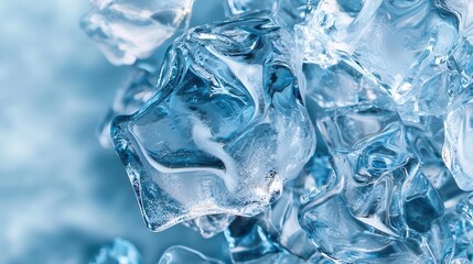 Close-up of clear ice cubes with a blue tint.