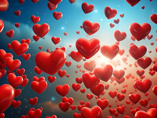 Valentines day background with red hearts flying in air
