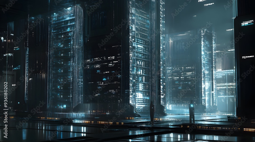 Poster 31. a futuristic server farm with transparent server racks and visible data flow