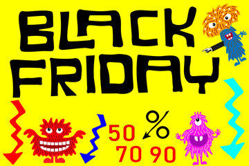 A Black Friday sale banner featuring cute cartoon monsters indicating various percentage discounts. A big promotional discount. The concept of a major sale.Advertising flyer. Special offer. Discounts.