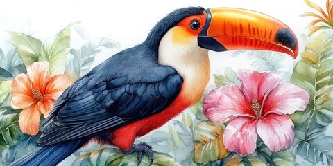 Fototapeta premium Watercolor Painting of a Toucan with Tropical Flowers and Leaves