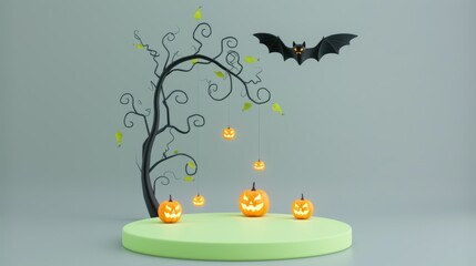 Halloween Scene with Pumpkins and Floating Ghosts

