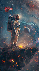 Fototapeta premium Photo Realistic Astronaut with Helmet and Flag on Floating Island in Space Exploration Concept