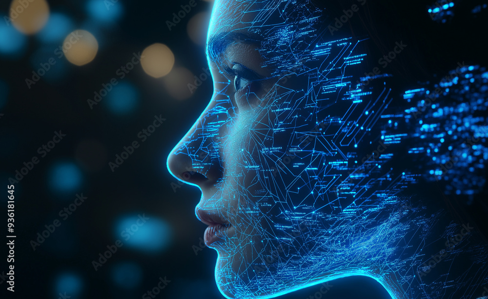 Aufkleber digital face with glowing blue circuitry and data streams.