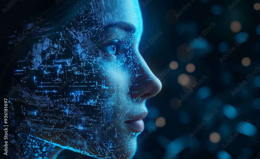 Poster digital face with glowing blue circuitry and data streams.