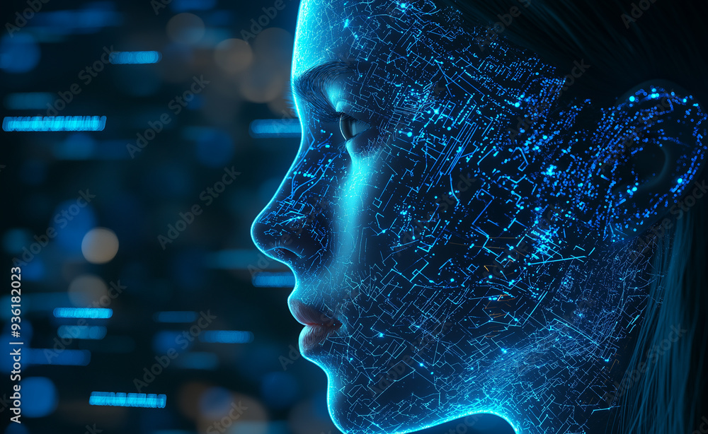 Poster digital face with glowing blue circuitry and data streams.