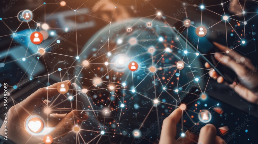 Poster hands engage with a vibrant network of digital marketing symbols, illustrating the dynamic connectio