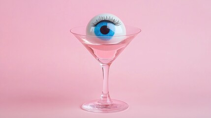 Eyeball in Martini Glass on Pink Background
