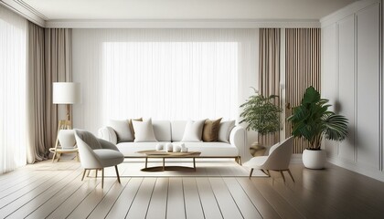 Home mockup, white luxury minimalist living room interior, 3d render
