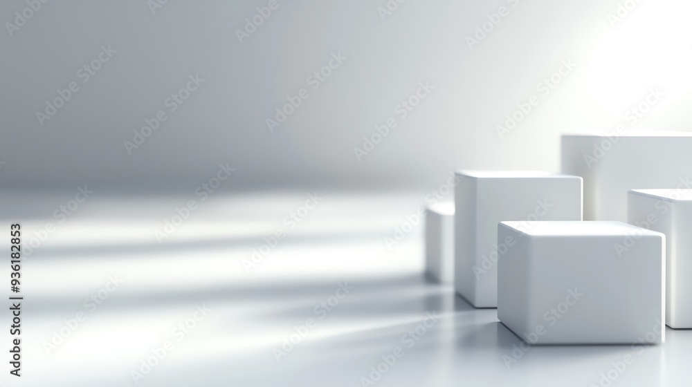 Poster a minimalistic composition of white cubes on a smooth surface, creating a serene and modern atmosphe