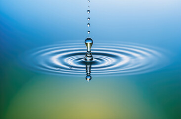 A single water drop falls into a still body of water, creating concentric ripples