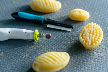 close-up In the grooming salon on  silver table there are professional accessories for caring for...