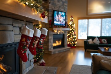 A cozy living room with a fireplace and a Christmas tree. Christmas background