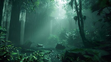 Fototapeta premium Lush Rainforest Landscape With Water Stream And Mist