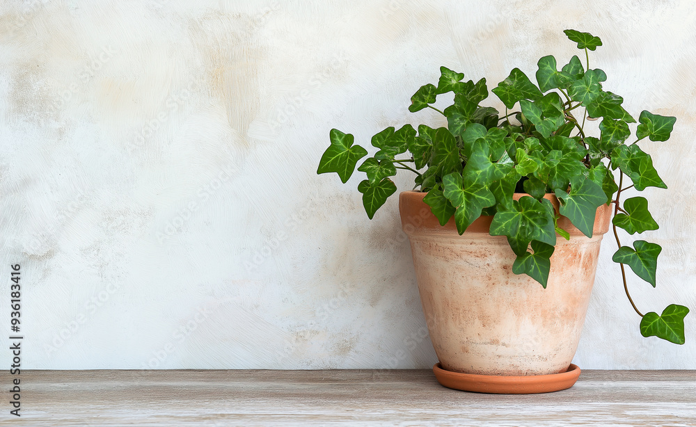 Wall mural green ivy plant in a rustic terracotta pot against a light background.