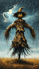 Fototapeta premium a dark, scary scarecrow in a thunderstorm