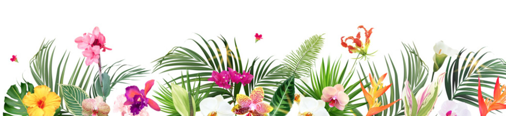 Tropical banner arranged from exotic emerald leaves and exotic flowers. Paradise plants, greenery and palm card. Stylish fashion frame. Wedding design. All leaves are not cut. Isolated and editable