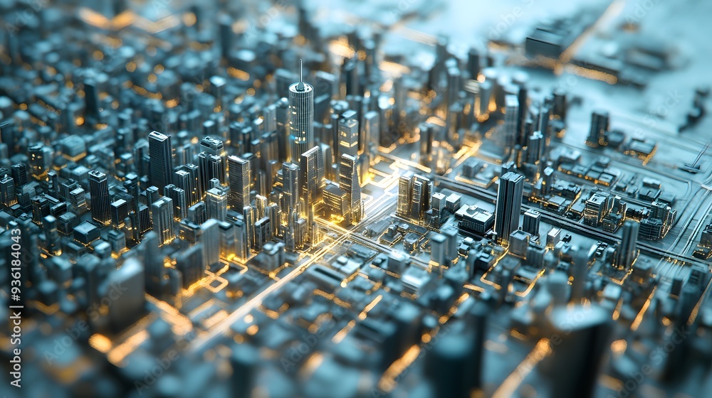 Aufkleber 20. a 3d render of a smart city with an overlay of its digital internet infrastructure