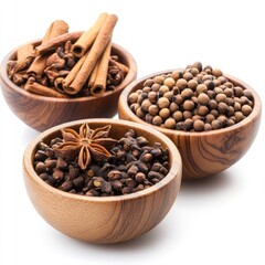 Assortment of Aromatic Spices in Wooden Bowls