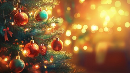 A Christmas tree with many red and blue ornaments. Christmas background