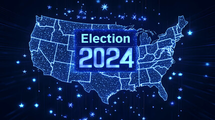 Bold U.S. election banner with map and "Election 2024" text, star outline design