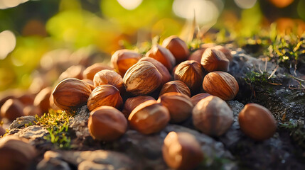 A pile of hazelnuts, side by side. A type of nut, one of the finest nuts used to make Nutella