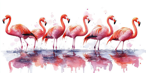 Obraz premium Watercolor Painting of Six Pink Flamingos in Water