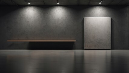 Stark exhibition space with dark concrete walls for displays.