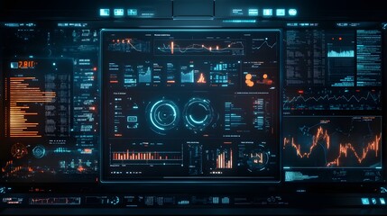 21. A futuristic digital dashboard displaying real-time network statistics and data analytics