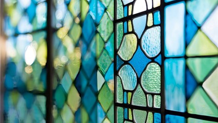 A stained glass window highlights intricate blue and green patterns lit by sunlight